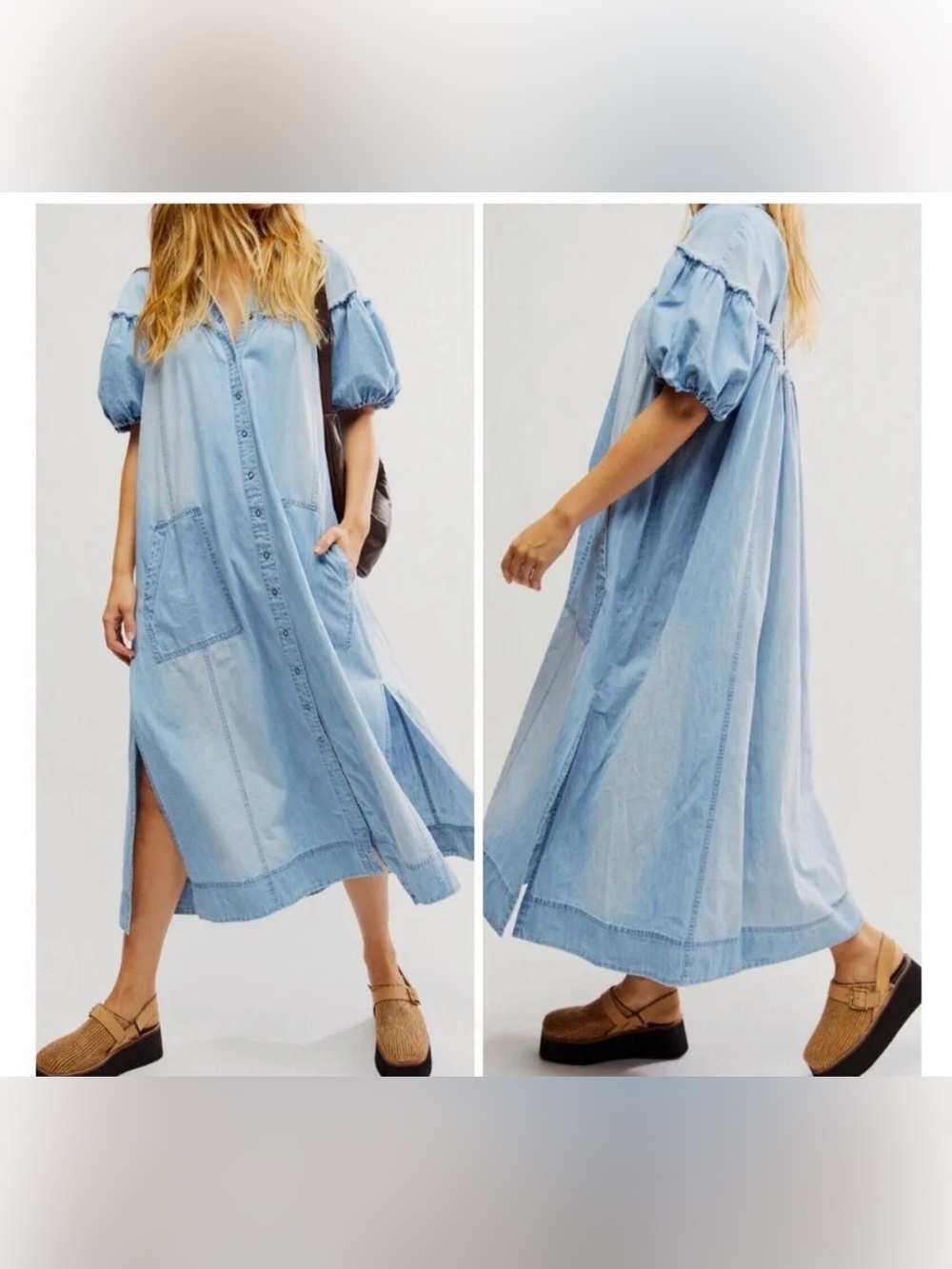 Free People On The Road Denim Maxi Dress Prairie Pockets Puff Sleeve Size M